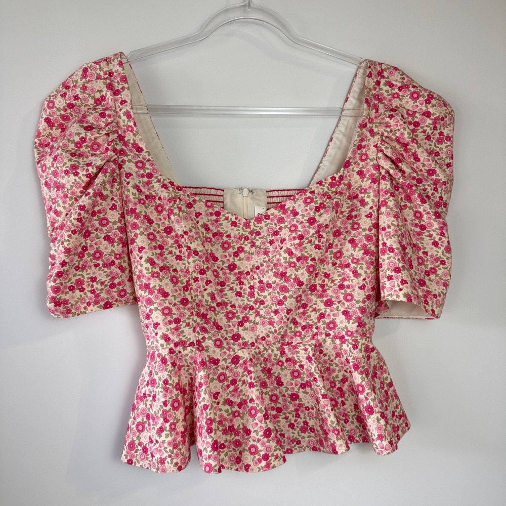 Amanda Uprichard Natasha Blouse Women L Pink Floral Puff Sleeve Peplum Smocked - Picture 2 of 12